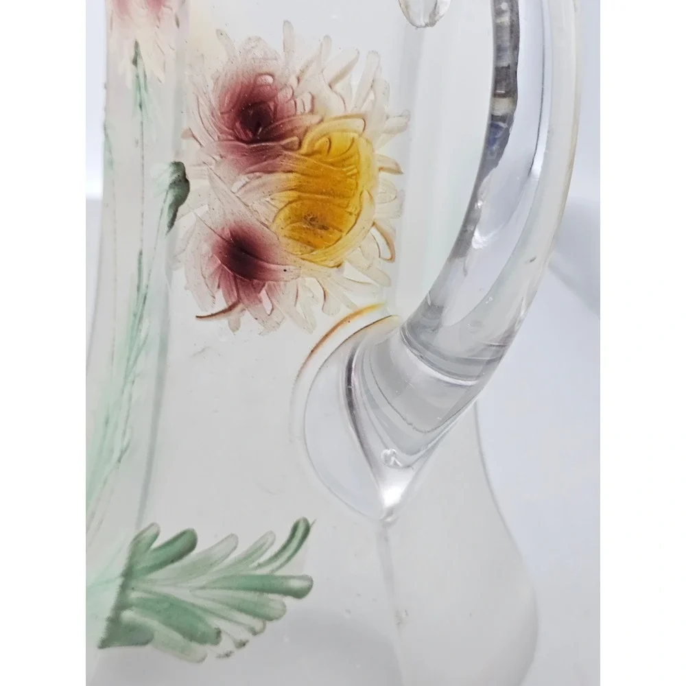 Antique Frosted Glass Pitcher Hand Painted Floral Gold Rim Victorian Art Glass